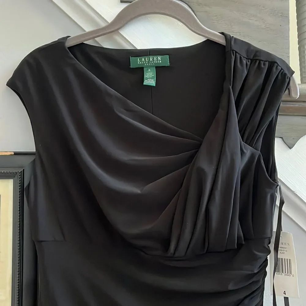Lauren Ralph Lauren Black Shoulder Twist Side Ruched Dress sz 4 NWT